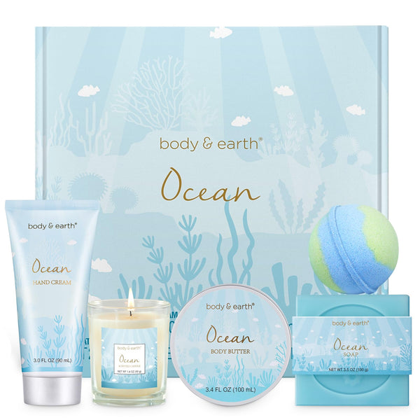 Gifts for Women, Bath and Body Womens Gift Sets with 5 Pcs Ocean Scented Spa Gifts for Women Bath Gift with Scented Candle Body Butter Hand Cream