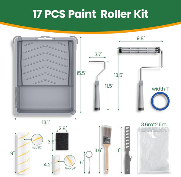 VOOMEY 17 Piece Paint Roller Kit - Paint Rollers 9"4", Paint Roller Frameï¼Paint Trays, Microfiber Roller Cover, Paint Kit for House Painting,Paint