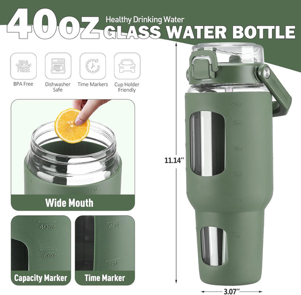 BLUEGO 40Oz Glass Tumbler with Lid and Straw, Glass Water Bottles with Handle, Glass Cup with Time Marker and Silicone Sleeve, Fits Most Cup