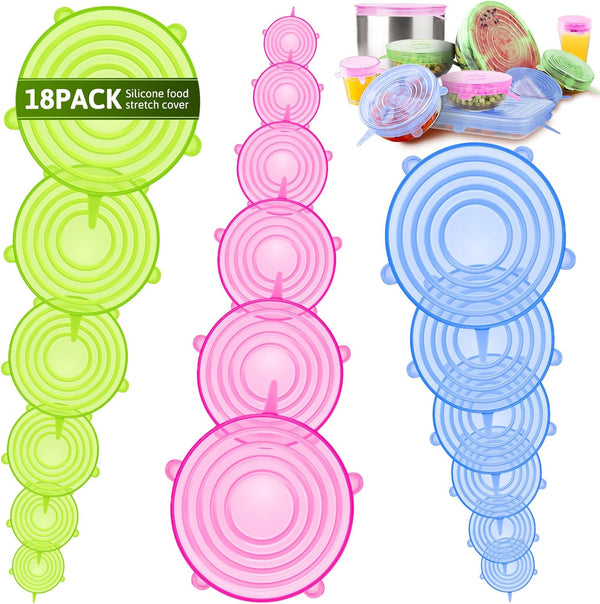 BFONS 18 Pack Silicone Stretch Lids, 6 Different Sizes, 100% Safe Food Grade Silicone to Meet Most Container, Microwave Cover for Food Storage,