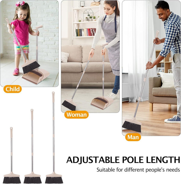 Broom and Dustpan Set with Long Handle, Light Weight Stainless Steel Poles Stand Upright Dustpans with Broom Combo for Home Kitchen Office Pet Dog