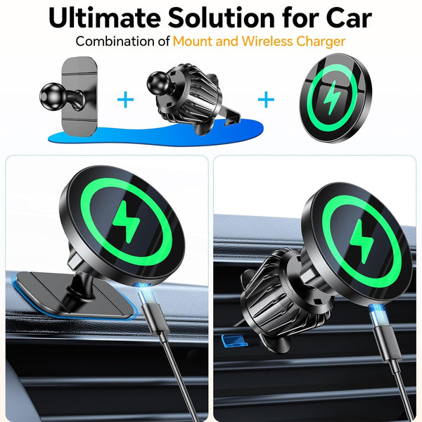 Coolpow for Magsafe Car Mount Chargerã100% Stableã 15W Magsafe Car Charger, Car Phone Holder Charger Mag Safe Car Accessories for Women Men