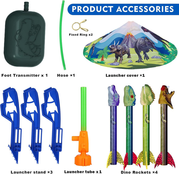 Dinosaur Toy Rocket Launcher for Kids - Launch Up to 100 Ft, 4 Rockets, Outdoor Outside Toys for Kids, Dinosaur Toys, Birthday Gifts for 3 4 5 6 7