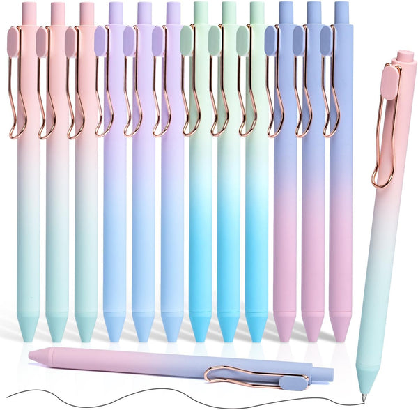 Gel Pens, 12 Pcs Smooth Writing Pens No Bleed & Smear, Black Ink Cute Pens Fine Point (0.5Mm), Retractable Aesthetic Journaling Pens School Office