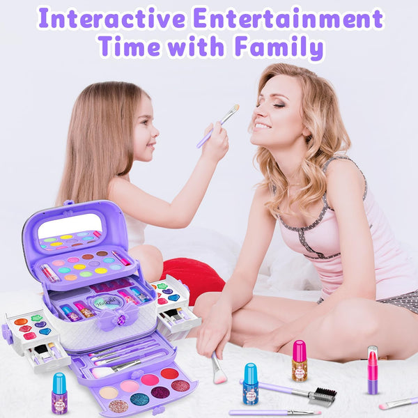 Hollyhi 58 Pcs Kids Makeup Kit for Girl, Princess Toys Real Washable Cosmetic Set with Mirror, Kids Makeup Sets for Girls, Play Make up Birthday