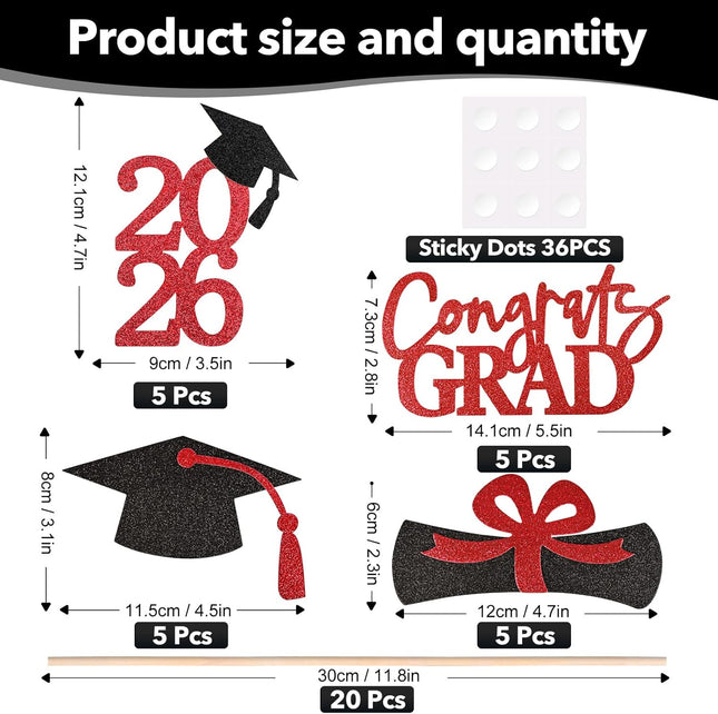 20 PCS Graduation Decorations Class of 2025, Black and Red Double-Sided Centerpieces, Grad Cap Sticks, Table Toppers, Gr