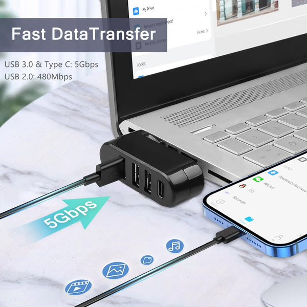 VIENON 4-Port USB 3.0 Hub [90Â°/180Â° Degree Rotatable], USB Splitter with 3 USB-A Ports & 1 USB C Power/Data Port, USB Extender for Laptop, Car,