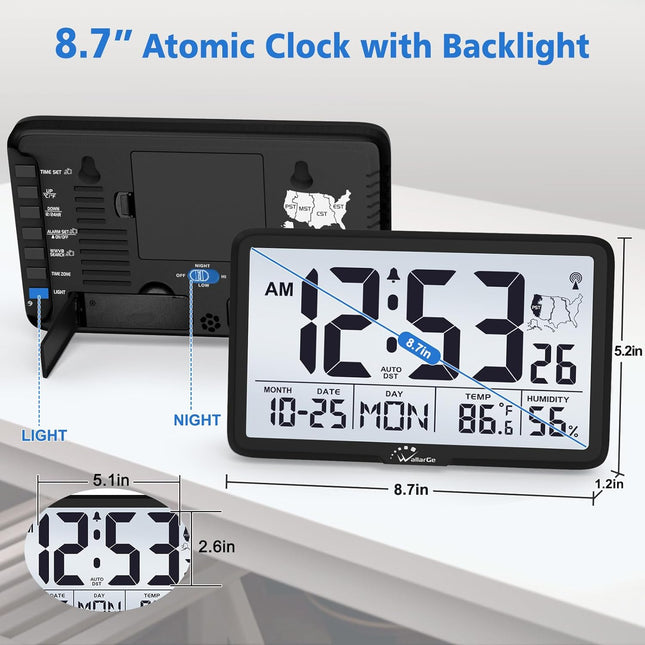 Wallarge Atomic Clock with Indoor Outdoor Temperature, Self-Setting Digital Wall Clock Battery Operated, 4 Time Zones, D