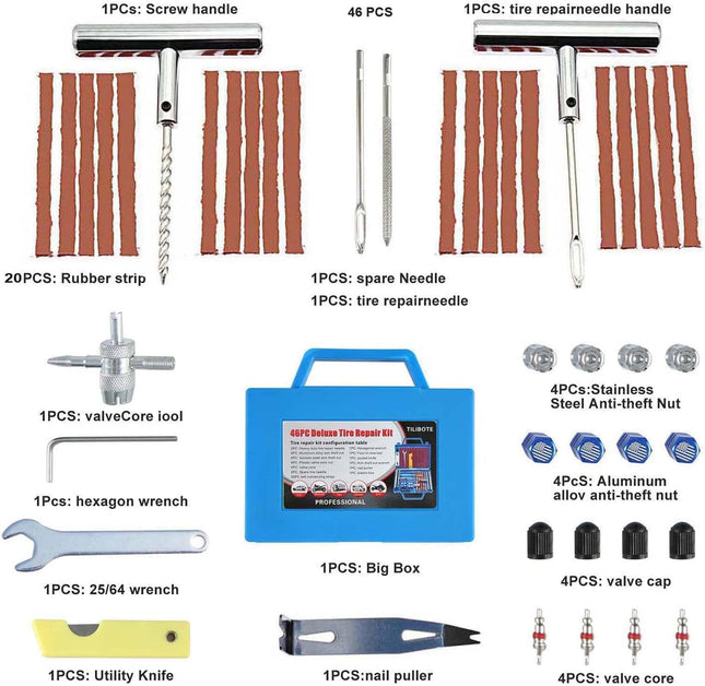Tire Repair Kit,46Pcs Heavy Duty Tire Plug Kit, with Universal Tire Patch Kit to Plug Flats for Car/Motorcycle/Truck/Tra