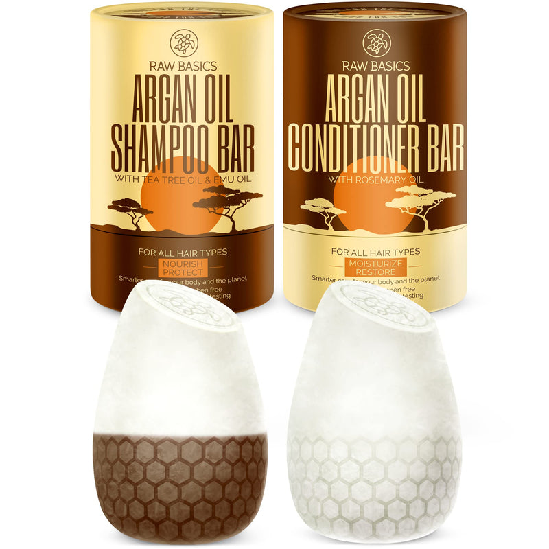 Moroccan Argan Oil Shampoo and Conditioner Solid Bars Set - Zero Waste Natural Products and Sulfate Free Travel Size Toiletries - No Bottle - Care