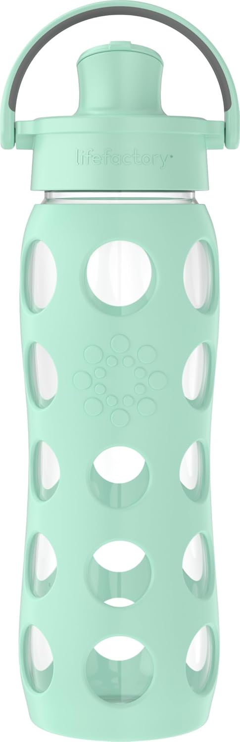 Lifefactory 22-Ounce Glass Water Bottle with Active Flip Cap and Protective Silicone Sleeve, Mint