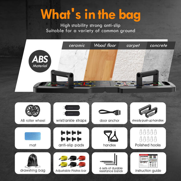 Push up Board,Home Gym,Portable Exercise Equipment,Pilates Bar and 20 Fitness Accessories with Resistance Bands and Ab Roller Wheel,Full Body