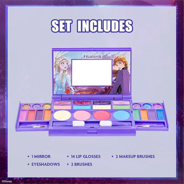 Disney Frozen All-in-One Kids Cosmetic Compact Set Includes Washable Lip Gloss, Eye Shimmer, Cheek Shimmer, Brushes Colorful Portable Beauty Set