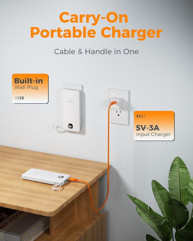 TESSAN Portable Charger with Built in Cables, 10000Mah Power Bank Fast Charging with Foldable Wall Plug Charger, 20W Com