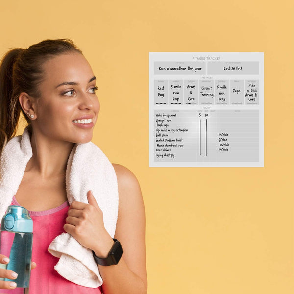 Dry Erase Whiteboard Fitness Tracker | Removeable and Restickable Adhesive Decal | Fine-Tip Magnetic Marker Included | 12" X 12" (White)