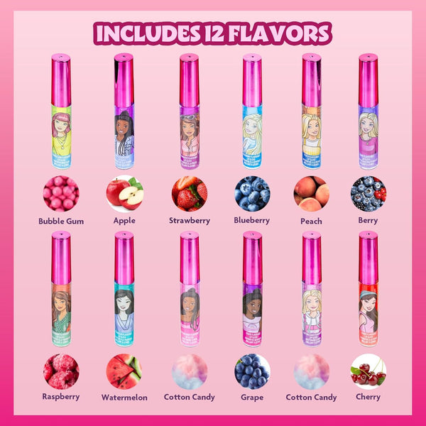 Barbie 12 Piece Plant Based Lip Gloss, Girls Party Favors, First Makeup Set for Girl, Perfect for Parties, Sleepovers, and Birthday Gifts, Ages