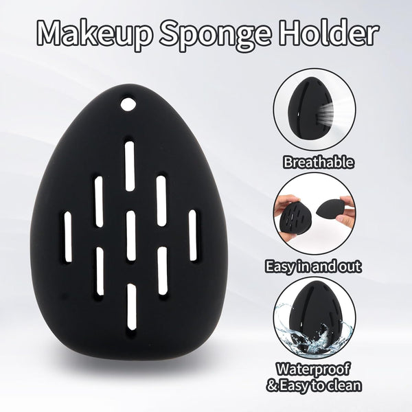 Silicone Makeup Brush Holder and Makeup Sponge Holder Set, Blender Case Organizer, Powder Puff Case with Sponge & Brushes for Travelling(Black 7 Pcs)