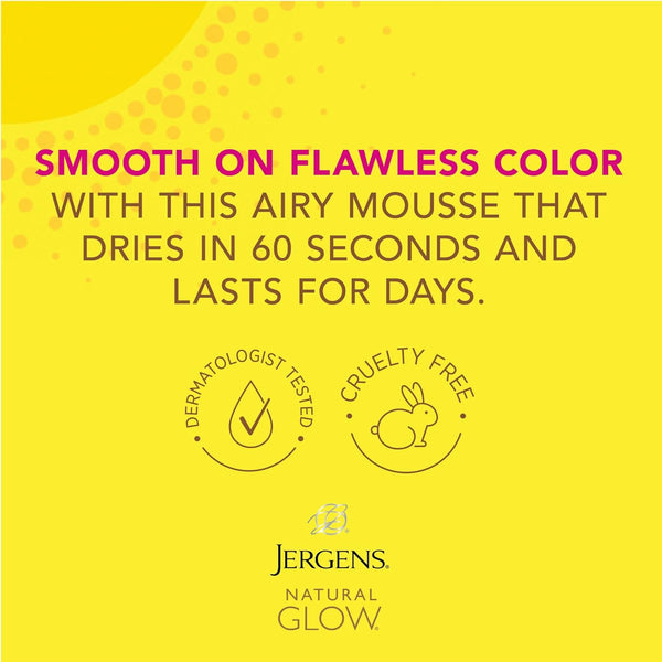 Jergens Natural Glow Instant Sun Body Mousse, Self Tanner for Deep Bronze Tan, Sunless Tanning Body Bronzer for Natural Looking Color Instantly, 6 Oz