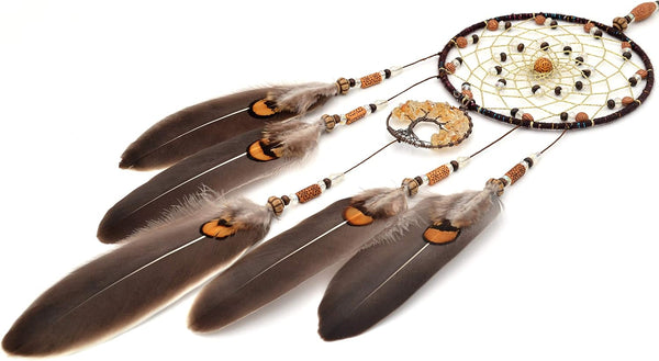 Urdeoms Brown Dream Catchers Tree of Life Boho Dreamcatcher for Bedroom Adult with Feathers and Citrine Crystal Wall Hanging Decor for Home