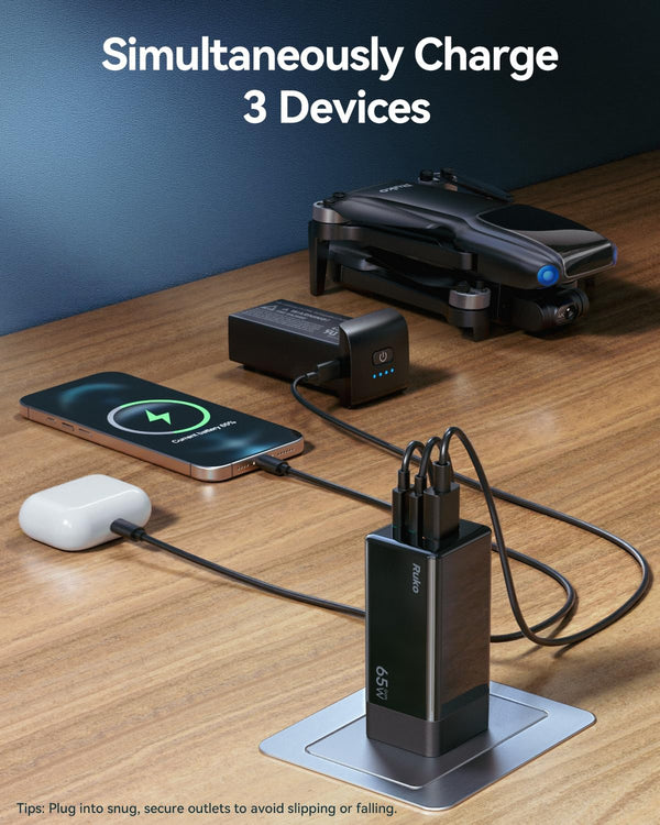 Ruko PD65W USB C Charger, 3-Port Gan Fast Charger Block, Compact Foldable Wall Charger for Iphone 16/15, Macbook Pro/Air, Galaxy S24, Pixel,