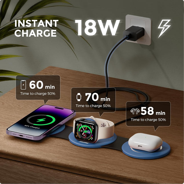 Hicober 3 in 1 Charging Station for Apple Multiple Devices, Foldable Travel Wireless Charger 18W for Iphone 16 15 14 13 