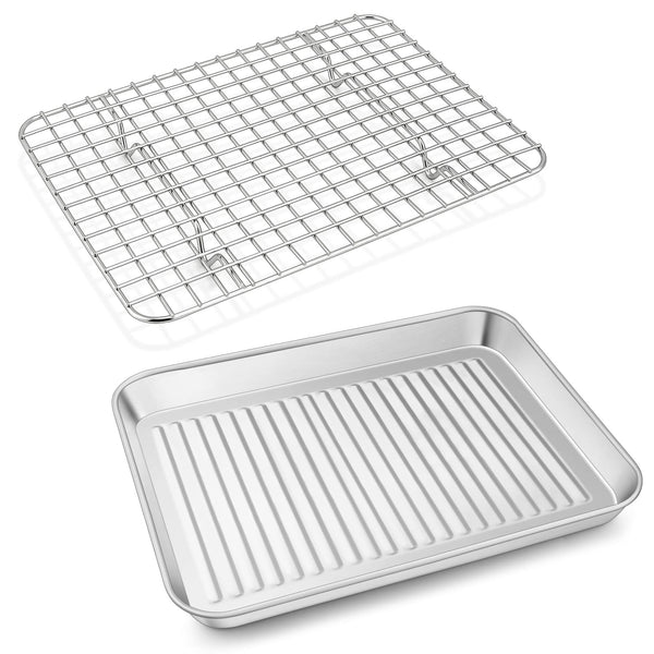 P&P CHEF Toaster Oven Pan with Wire Rack, Stainless Steel Baking Oven Sheet Tray, Bacon Pan and Cooling Rack for Cooking Roasting Cookie,