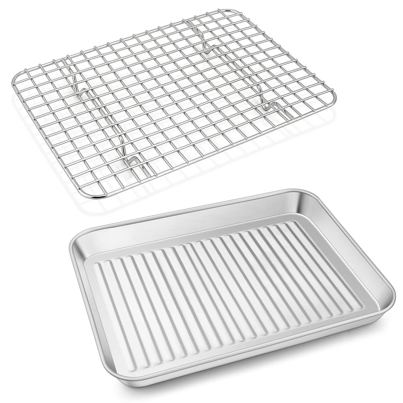 P&P CHEF Toaster Oven Pan with Wire Rack, Stainless Steel Baking Oven Sheet Tray, Bacon Pan and Cooling Rack for Cooking Roasting Cookie,