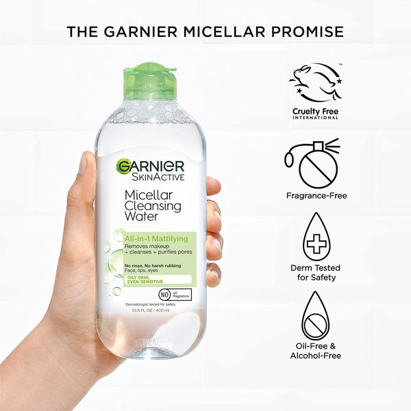 Garnier Micellar Water for Oily Skin, Facial Cleanser & Makeup Remover, Mattifying, for All Skin Types, Vegan, Cruelty Free, 13.5 Fl Oz (400Ml), 1