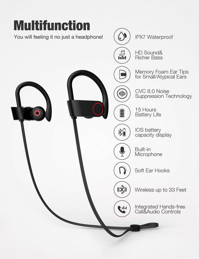 Bluetooth Headphones,Wireless Earbuds IPX7 Waterproof Sports Earphones with Mic HD Stereo Sweatproof In-Ear Earbuds Gym 