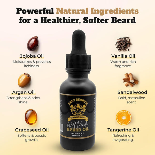 Grey Beard'S Grooming Lounge - Wild Vanilla Beard Oil for Men -Eliminates Itch & Dandruff - Deep Conditioning with Jojoba, Argan & Grapeseed Oils