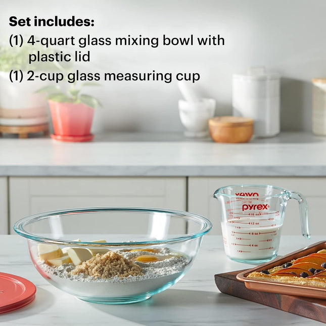 Pyrex Smart Essentials 3-Piece Glass Prep Set, 4-QT Glass Mixing Bowl with Lid and 2-Cup Measuring Cup, Dishwasher, Micr