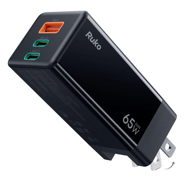 Ruko PD65W USB C Charger, 3-Port Gan Fast Charger Block, Compact Foldable Wall Charger for Iphone 16/15, Macbook Pro/Air, Galaxy S24, Pixel,