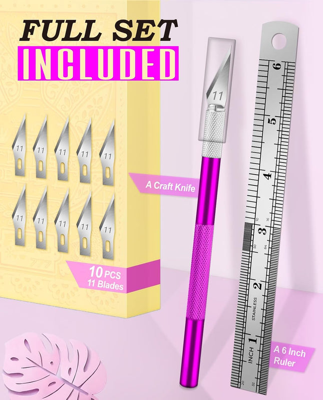 DIYSELF 1 Pcs Craft Hobby Knife Exacto Knife with 11 Pcs Stainless Steel Blade Kit, 1Pcs Steel 15CM Ruler for Art, Scrap