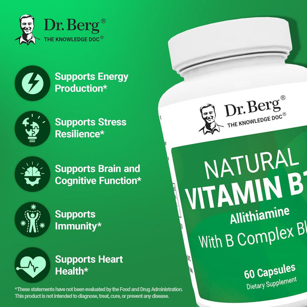 Dr. Berg Natural Vitamin B1 B6 B12 Complex - Allithiamine Vitamin B1 Supplement with 8 Essential Vitamin B Complex for Men & Women Including