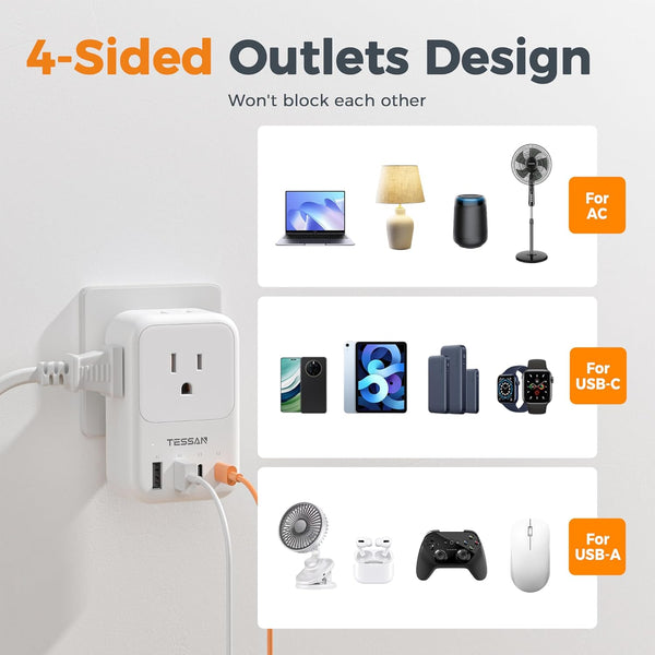 USB Wall Charger, TESSAN Wall Plug Adapter Outlet Extender, 3 Charger Block (1 USB C Port), Multi Charging Station for Cruise, Bathroom, Office,