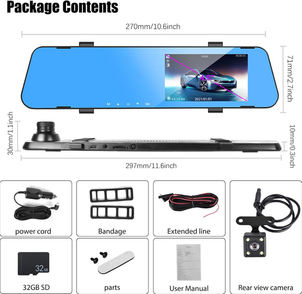 Mirror Dash Cam for Cars,4.5" Rear View Mirror 1080P Front and Rear View Dual Cameras,Super Night Vision,Parking Assistance,G-Sensor,24H Parking