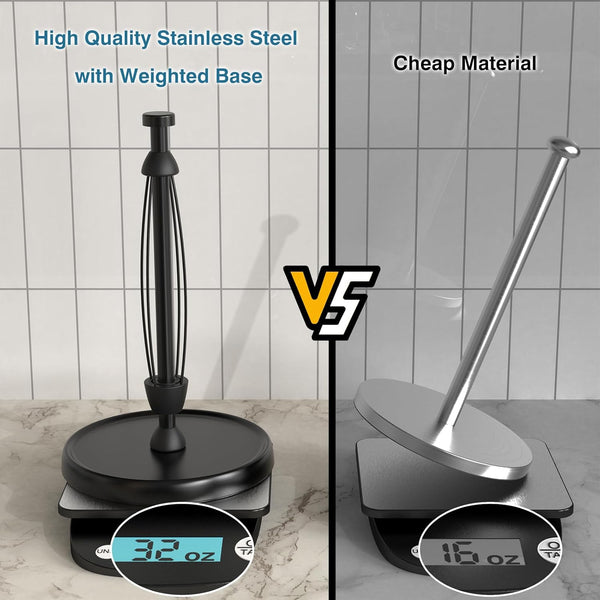 Paper Towel Holder Countertop, One-Handed Tear, Stainless Steel, Weighted Base, Black, Paper Towel Roll Holder Stand with Ratchet Mechanism for