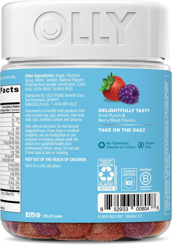 OLLY Kids Multivitamin & Probiotic Gummy, Digestive Support, Vitamins A, D, C, E, B, Zinc, Chewable Supplement, Berry Flavor, 50 Day Supply - 100