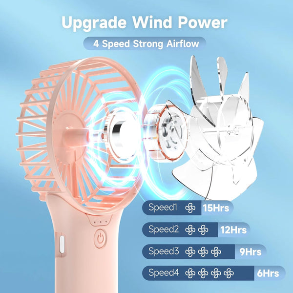 QQT Mini Handheld Fan,4 Speed Adjustable Portable Battery Operated Fans,Usb Rechargeable Desk Fan with Mirror,Max 20 Hrs Hand Fan for Travel