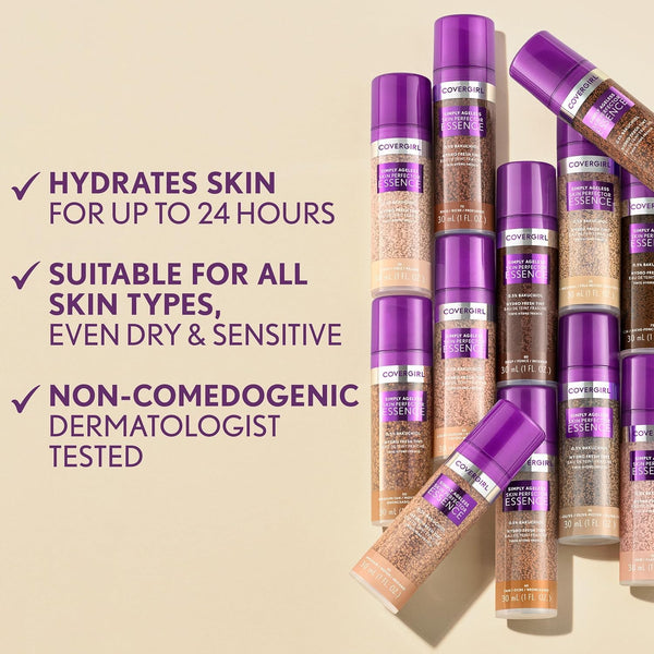 Covergirl Simply Ageless Skin Perfector Essence Foundation, 30 Light-Medium,Tinted Skincare Makeup Hybrid, Sheer Tint, Radiant Finish, Glowy