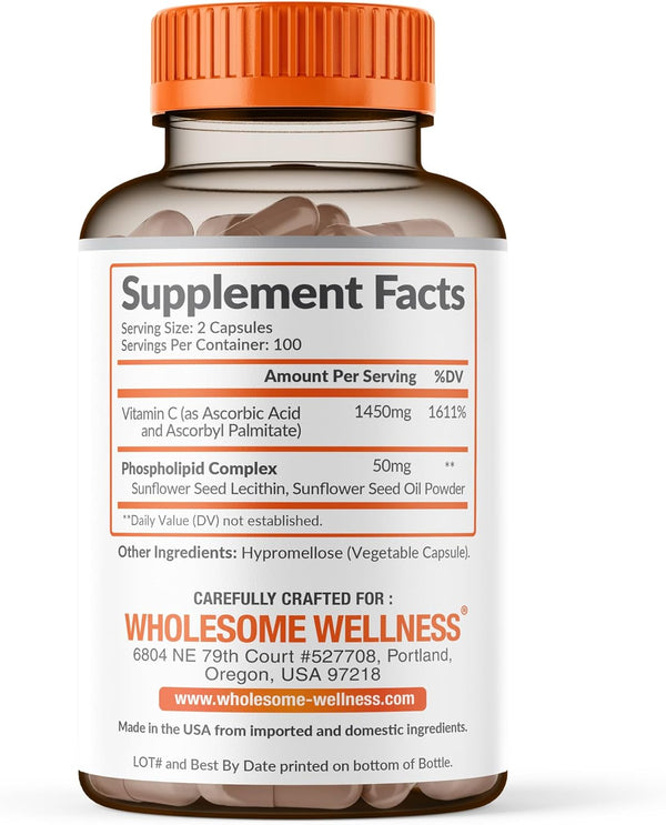 Wholesome Wellness Liposomal Vitamin C Capsules (200 Pills 1500Mg Buffered) High Absorption, Immune System & Collagen Booster, High Dose Fat