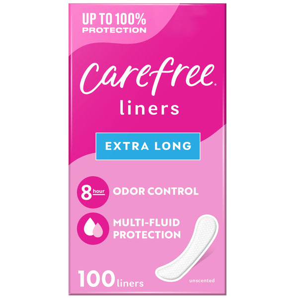 Carefree Panty Liners for Women, Extra Long, Unwrapped, Unscented, 100Ct |Pantiliners, Carefree Liners, Daily Liners for Women, Light Periods and
