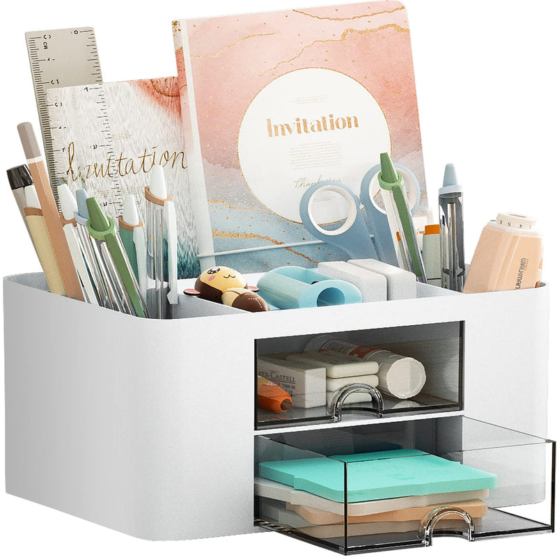 Marbrasse Pen Organizer with 2 Drawer, Multi-Functional Pencil Holder for Desk, Desk Organizers and Accessories with 5 Compartments + Drawer for
