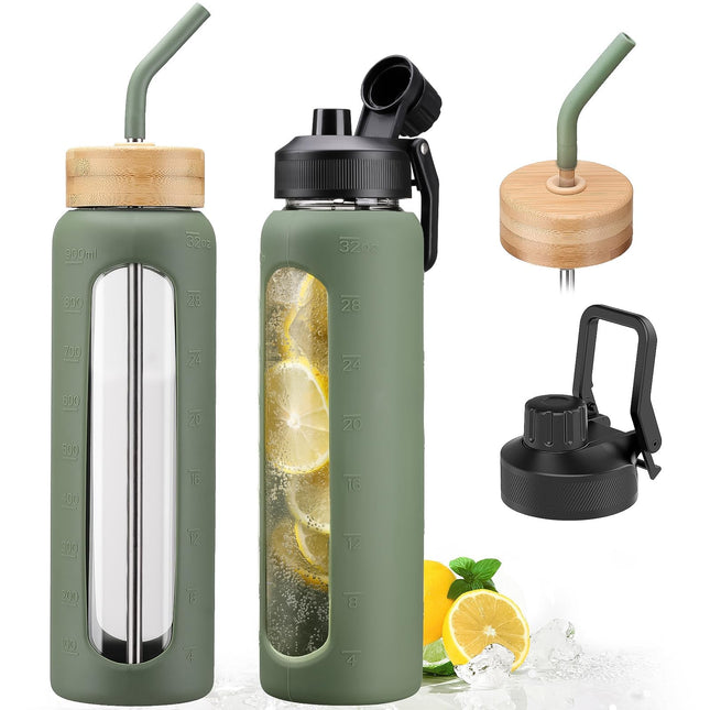 32Oz Glass Water Bottle with Straw and 2 Lids- Bamboo and Handle Spout Lid, Glass Drinking Bottles with Silicone Sleeve 