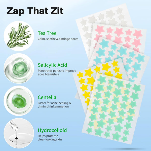Pimple Patches for Face, Hydrocolloid Acne Patches, Cute Star Zit Covers, Colorful Spot Stickers with Tea Tree, Salicylic Acid & Cica Oil| 3 Sizes