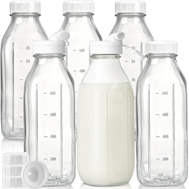 Liter Glass Milk Bottles W 100% Airtight Heavy Duty Screw Lid - 6 Pack 32 Oz Drinking Jars - Food Grade Glass Bottles fo
