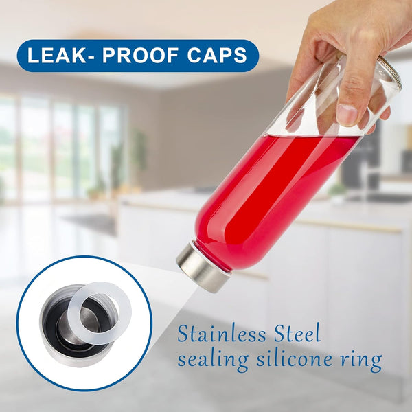 Clear Glass Bottles with Lids 18 Oz, Reusable Glass Water Bottles with Stainless Steel Cap for Juicing, Refrigerator,100% Leak Proof, BPA Free,