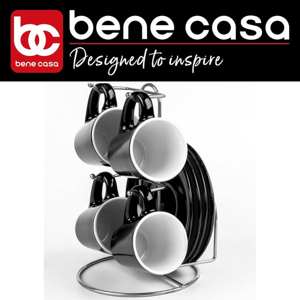 Bene Casa Black 9-Pc Espresso Set W/Metal Stand, 4 Espresso Cup Set, Cup & Saucer Set, Color Negro Juego De 4 Tazas Y 4 Platos Con Stand De Metal