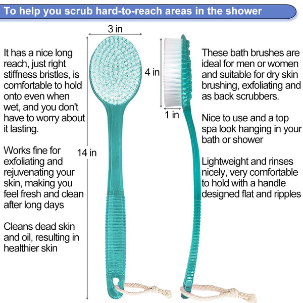 Back Brush for Shower, 14-Inch Long Handle Medium Stiff Bristles Bath Scrubber for Men Women Body Exfoliating and Brushing - 2 Packs Blue