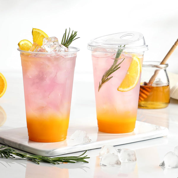 AOZITA 24 Oz. - 100 Sets Crystal Clear Plastic Cups with Strawless Sip-Lids, BPA Free Disposable Plastic Cups with Lids, to Go Cups for Iced